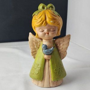 Vintage 1970 Ceramic Christmas Angel Holding Blue Bird Hand Painted Green Dress